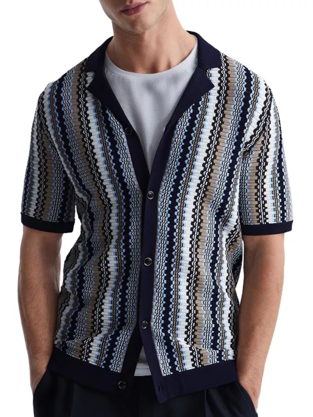 Reiss Gibbon Cuban Collar Striped Button Through Shirt